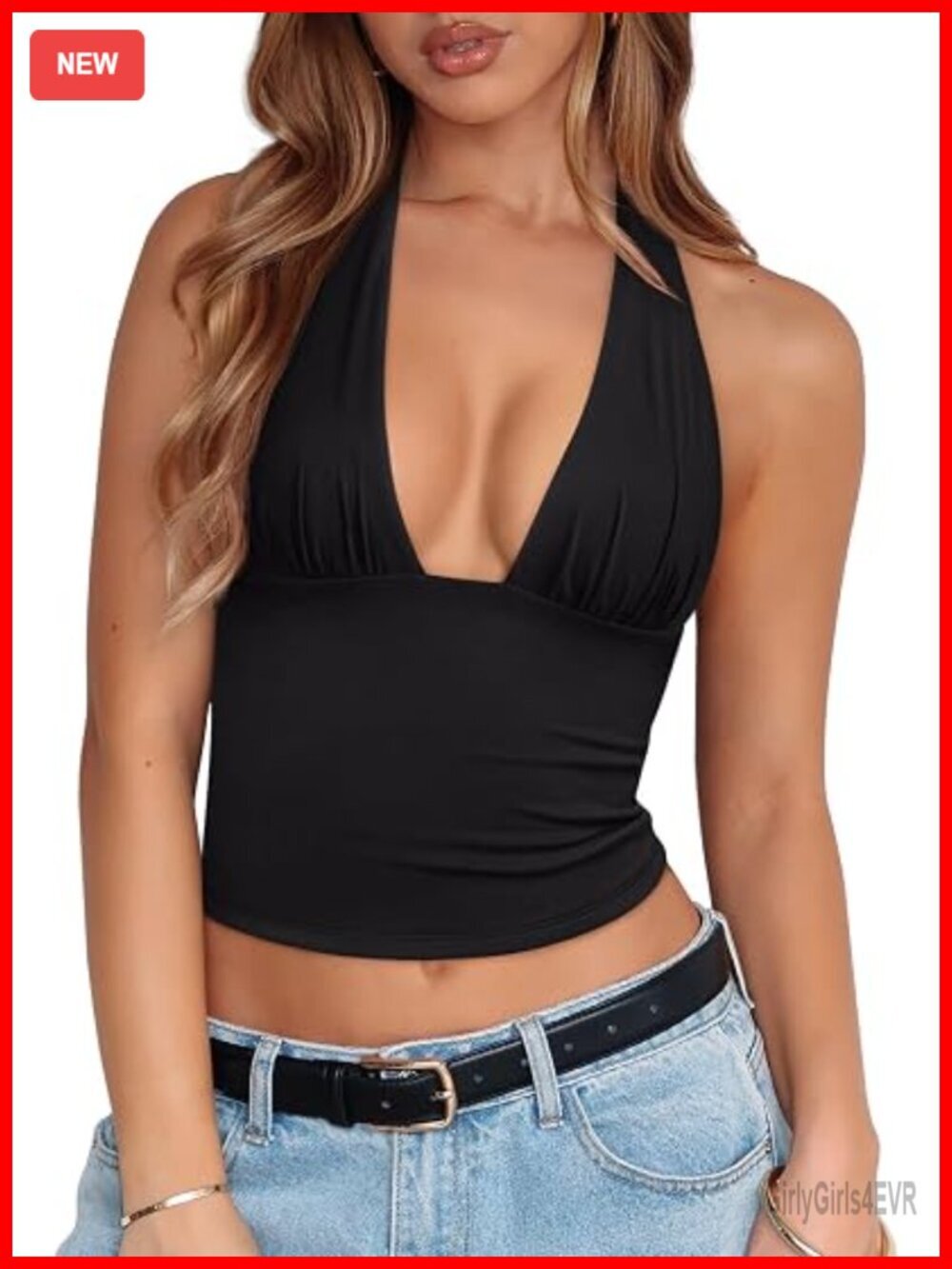 Women's Halter Crop Top Plunge Neck Backless Double Lined Stretchy Going Out